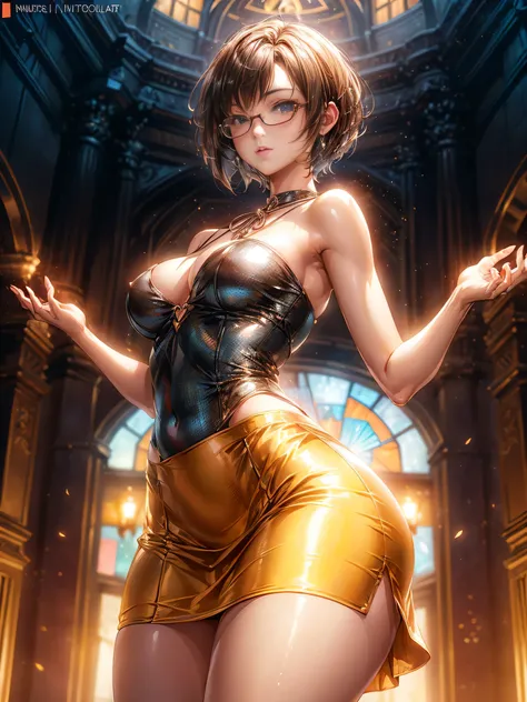 best light, ShinyAngle,(Young Face),(Perfect eyes), (Perfect hands), (Perfect fingers), (neck-length short hair: 1.5), big butt, sexy pose, nsfw, showing her butt, (Concise tight skirt: 1.3),Nope. Estillo Petra Collins, Simsbo, thick glasses, with square g...