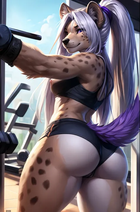 (((nsfw))) (anthro)) hyena, Ross Tran, by ruan jia, by zaush, by foxovh Best Quality, masutepiece,, Illustration, Wallpaper,1girl in, Solo, Bright purple-silver hair, Semi-long hair, Beautiful detailed girl, extremely detailed eye and face, Beautiful detai...