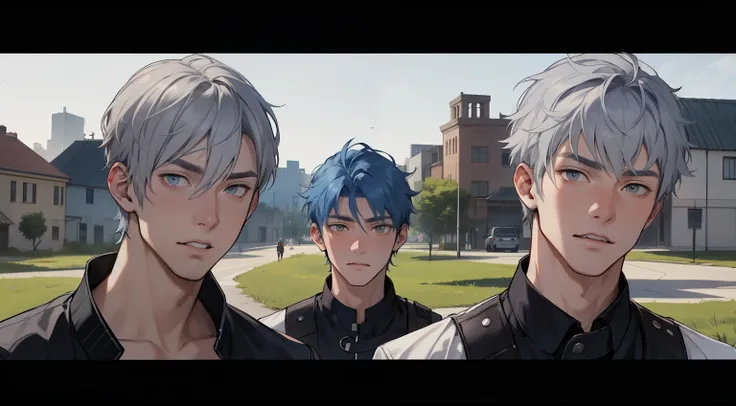 In the background is a silver city Two 15-year-old teenage friends with blue hair, With Latin skin and light gray hair on the outskirts of a large silver city they are talking about an important topic they are friends almost like brothers................