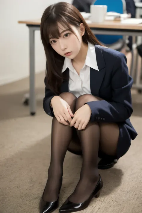 office girl,super realistic pantyhose:1.3, ulzzang-6500-v1.1, (Raw photo:1.2), (Photoreal), beautiful detailed girl, (genuine: 1.4), (muste piece), Puzzled, shame, shyness、