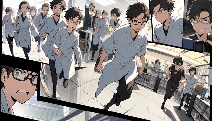 Wide view of A young teenager japanese man, walking, hurry , fear facial expressions, spectacles, wearing laboratory dress, laboratory 