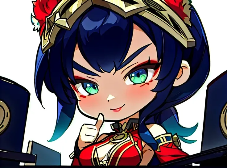 an ultra hd twitch emote badge of the captivating character from League of Legends Nidalee, upper body, singling a thumbs up, her bangs are right above her eyebrows, expressing a confident smirk, her red outfit reveals half of her chest and her shoulders h...