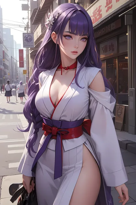 Face close up, hyper detailed eyes,masterpiece,best quality, high resolution, (A busy city street in a modern city:1.4), Cinema lighting,1 girl, Thunder General, Detailed clothes, White clothes, blunt bangs, braid, (medium breasts:1.3),(Breast protrusion:1...