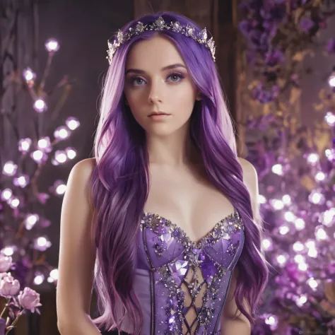 (((masterpiece))), best quality, illustration, 4K wallpaper, cinematic light, Absurdres, protrait of 1girl, long hair, purple crystal hair, glow hair, bloom hair, clothing princess, looking front