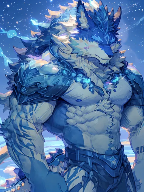 cartoon picture of white and blue furry creature with blue tail, this character has the ability to freeze, muscular werewolf, ic...