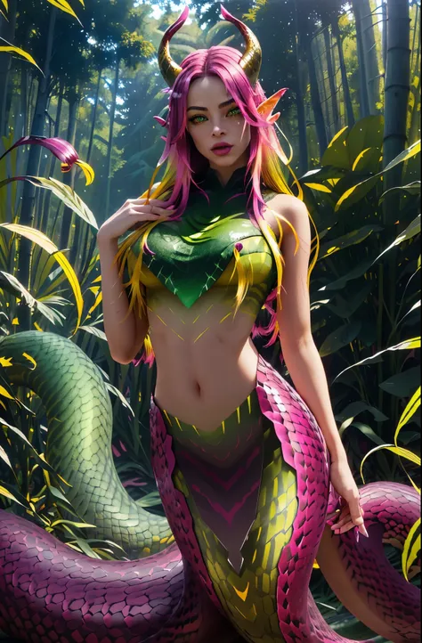 detailed snake skin, (adult), just concentrate, (lamia), stoic, monster girl, red horns, wide hips, beautiful eyes, beautiful ba...