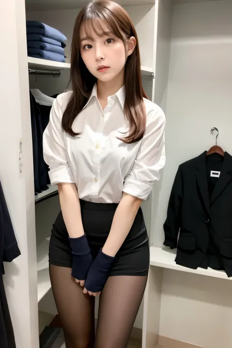 office girl changing clothes in the changing room, super realistic pantyhose:1.3, ulzzang-6500-v1.1, sharp focus、(Raw photo:1.2), (Photoreal), beautiful detailed girl, (genuine: 1.4), (muste piece), Puzzled, shame, shyness、