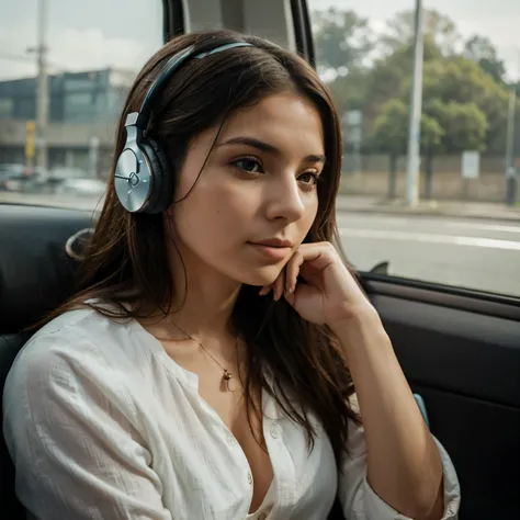 A woman listening to music with headphones during a trip, no banco de traz de um carro, while looking at the passing landscape she has her hand on her chin, as if you were thinking about something or someone 