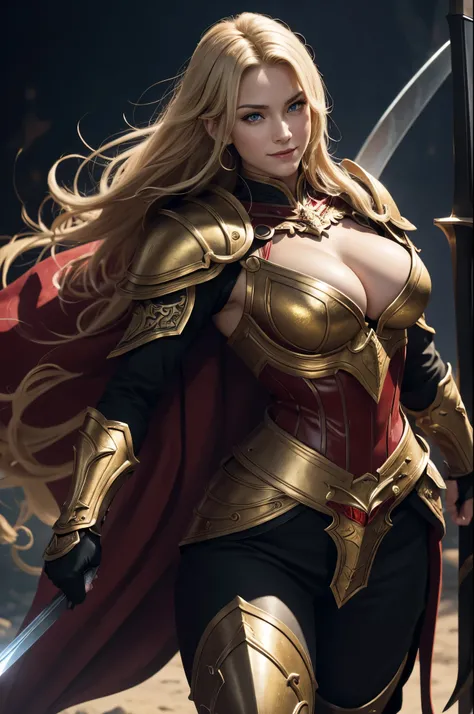 8K,holy knight with sword,Gorgeous black and red extra large chest armor(An elaborately crafted noble coat of arms),luxury black and red pants,super beautiful(like the real thing),ultra high resolution,Super realistic,realistic skin,blonde curly hair,big b...