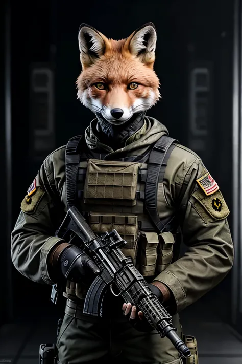 soldier, red fox head, call of duty character, nervous, looking forward, holding a machine gun