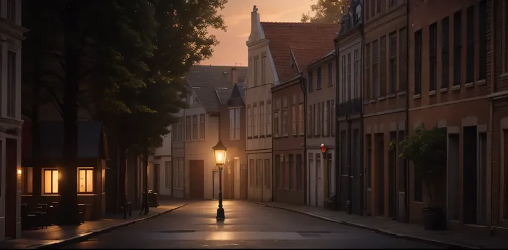 Ultra realistically detailed. Facades of budget houses of typical historical buildings of Brussels. A street lantern in the middle of shot