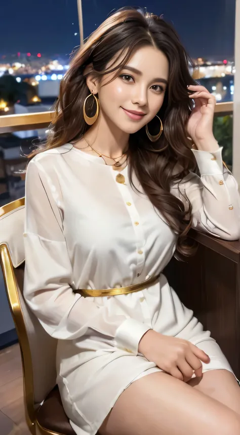 masterpiece, highest quality, realistic, Super detailed, small details, High resolution, 8k wallpaper, 1 beautiful woman, light brown messy hair, perfect dynamic composition, beautiful and detailed eyes、in the stylish office at night、((Super long brown hai...