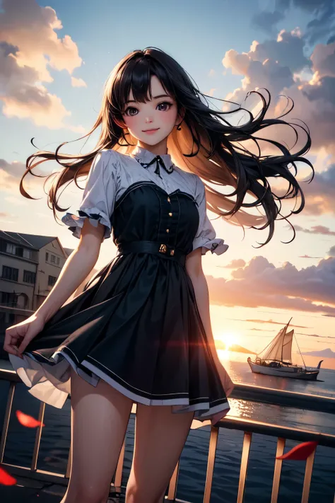 very cute and beautiful girl,(highly detailed beautiful face and eyes),(smile:1.2),cowboy shot,
navy blue frilled dress,standing,stylish pose,(detailed legs,mini skirt:0.9),
black hair,(rose garden),navy harbor,warships in distance,
(best quality,masterpie...