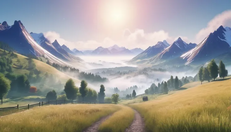 paysage scandinave avec un champ de lavande, surrounded by misty mountains. cinematic, panorama spectaculaire, very realistic, ultra high quality. high quality. very well detailed. 4k. style anime.