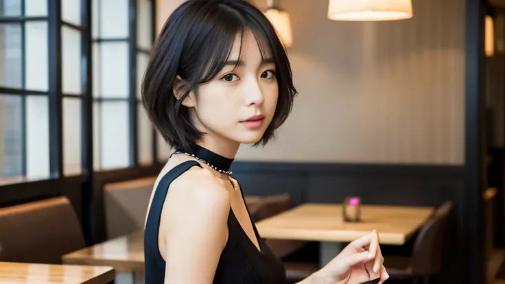 japanese woman, Beauty salon model 30 years old, slender body shape, small breasts, very thin waist, beautiful face, beautiful eyes, black short hair, She wears tight, Short gray knit dress with open back design., Sitting in a fashionable café, look back a...