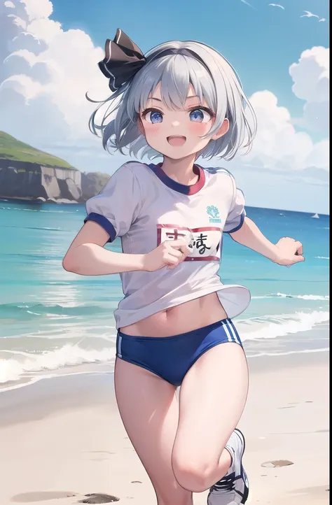 (((((whole body)))))、Youmu, This is a very cute gym uniform 、smile,、cowboy shot、Running on the beach、