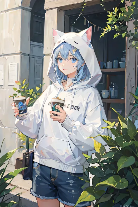 cute white cat, blue eyes, wearing a hoodie, holding a milk tea