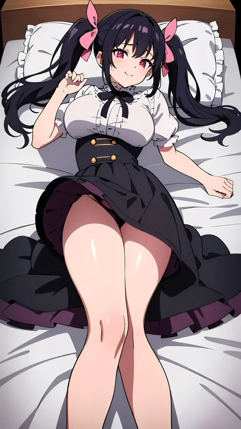 In 8K、highest quality、Bedroom、with a girl、black haired、twin tails、big pink ribbon、delicate face、drooping eyes、glare、red eyes、blushing face、Pink blouse with plenty of frills、black mini skirt with lace、beautiful feet、striped lace tights、black platform pumps、...