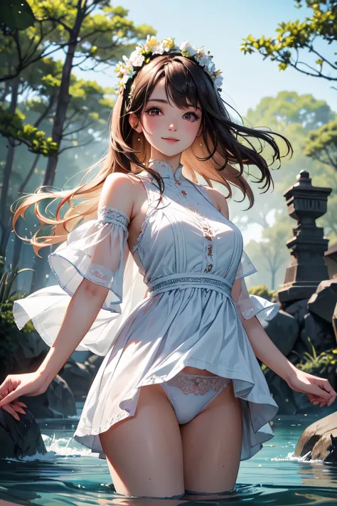 very cute and beautiful girl,frilled white summer dress with detailed lace,(skirt lift,laced white panties),
(highly detailed beautiful face and eyes),cowboy shot,(smile),black hair,flower crown,
(standing near water spring in forest),fog,fantastic stone m...