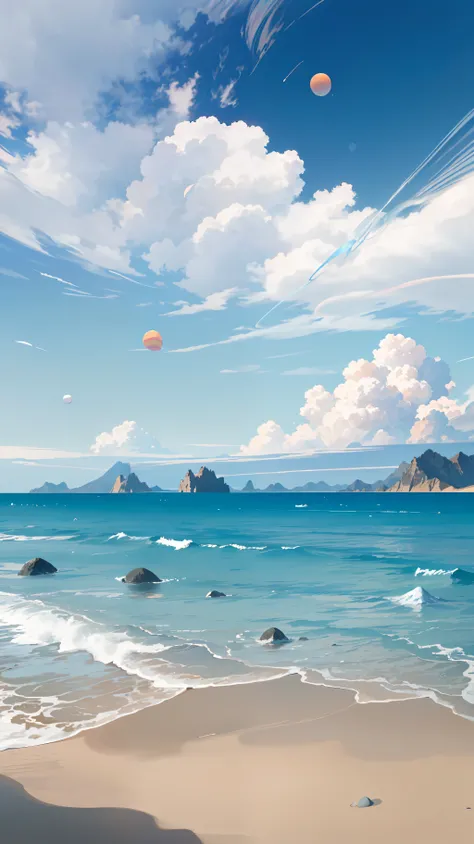 beach远处的山峰, beach, (Lots of shells: 1.5), The sky is represented by space, You can also see big planets, colorful, high saturation, movie lighting, fair, Vivid and sunny animation movie stills, Ghibli style, - At 6 o&#39;clock