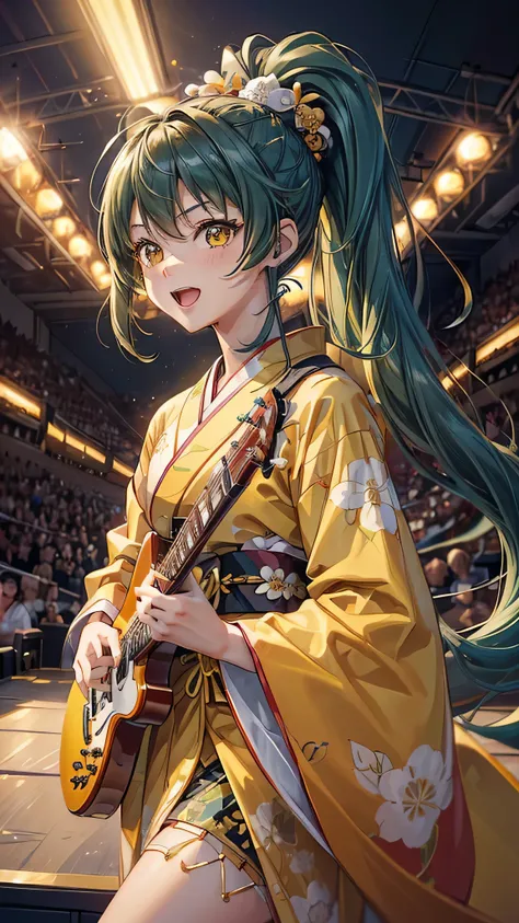 perfect anatomy, masterpiece:1.4, best quality, 8k, beautiful detailed grow, daydreaming expression, (((bring to a climax))), ((Live music style)) ((hand holding a detailed:1.3 Electric guitar Playing the electric guitar) profile (solo:1.3 ponytail green h...