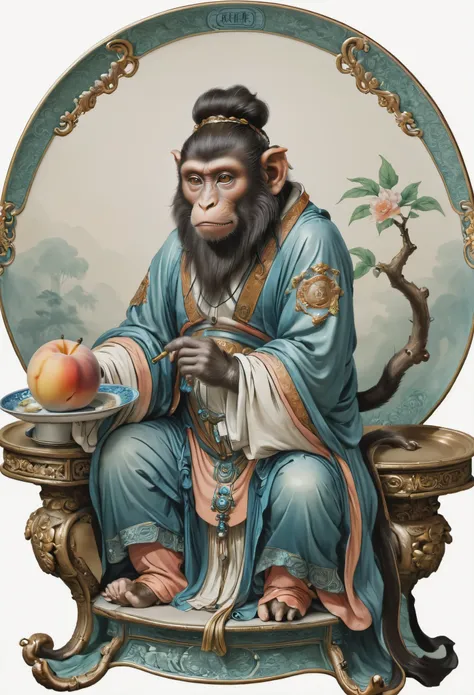 yongle_style ,monkey|man ,peach，plate