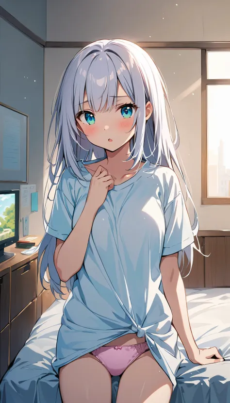 1girl、young girl、white hair、long hair、bangs、bright aqua eyes、white T shirt oversized、pink panties、bust-up、bedroom 