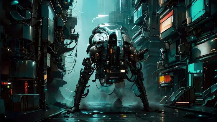 cyberpunk theme, dynamic view of androids meeting holding signs with "We are almost humans!", cyberpunk sci-fi scene with a strange biomechanical female android-like fully armed acting like crazy on a busy street at night, a hybrid human-machine from a sci...