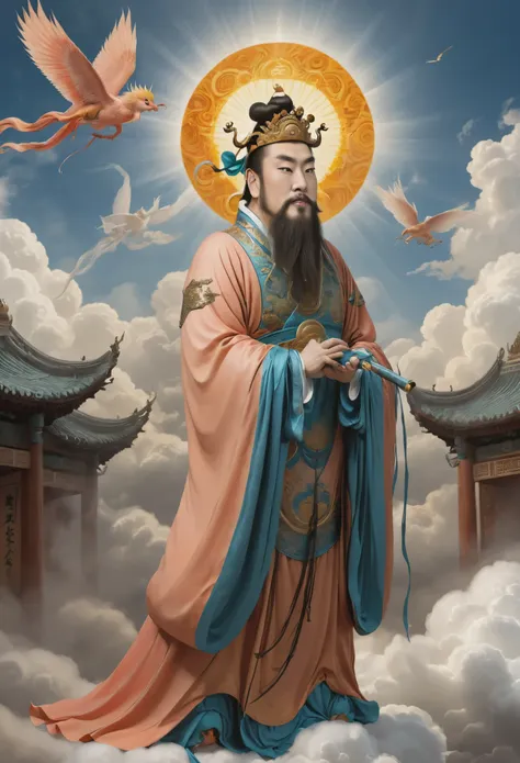 yongle_style ,sun wukong ,peach，yongle style,1man,a deity steps on clouds and flies,