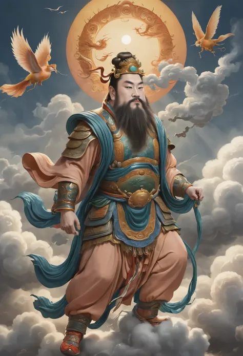 yongle_style ,sun wukong ,peach，yongle style,1man,a deity steps on clouds and flies,