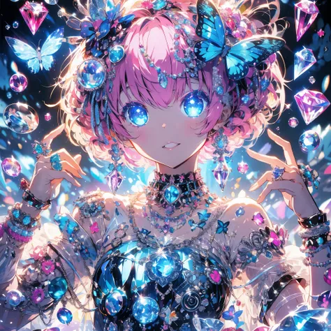 Create a high-resolution, highest quality vivid anime scene focusing on shiny, reflective, bright jewelry elements. The girl with glowing pink bobbed hair and luminous blue eyes is adorned in a crystal clear costume, heavily accented with punk and whimsica...