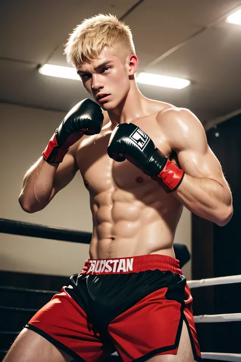 shirtless sweat-drenched 21-year old short blond hair caucasian wearing boxing red gloves, black boxing shorts, punching the punching bag
