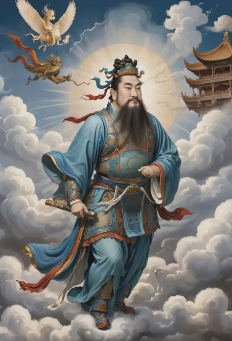 yongle_style ,yongle style,1man,a deity steps on clouds and flies,