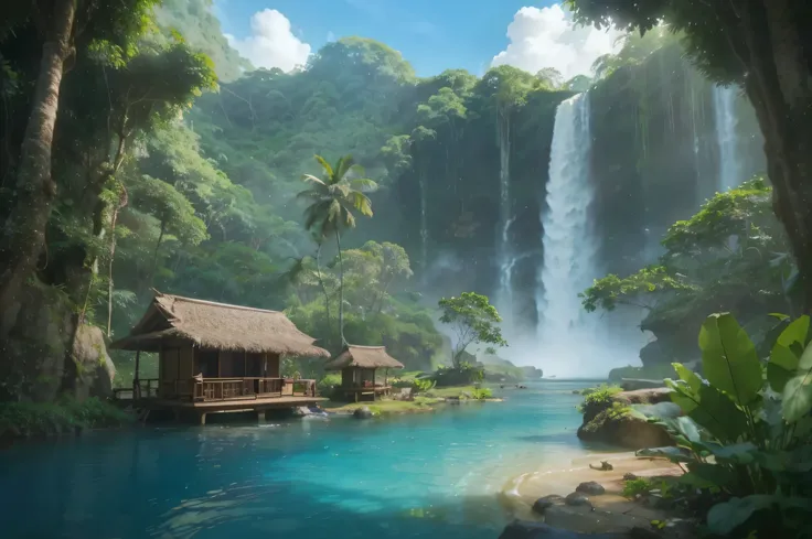 The waterfall flows from between two short cliffs and falls into a clear poolwith clear water and a few natural rocks, there is a  small hut, surrounded by tropical forest plants  such as shady Wood trees, banana trees, a deer is drinking.with a distant ba...