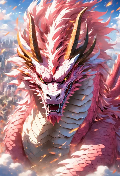 (master piece), (best quality), cinematic quality，super detailed details，Unryu born from white clouds，Giant pink dragon，kind face