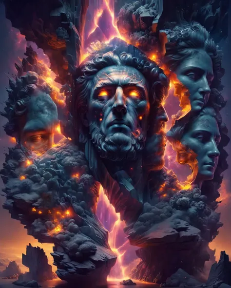 there is a huge statue of a man，there is a face on it, art style of philip hodas, bipur and greg rutkowski, inspired by filip ho...