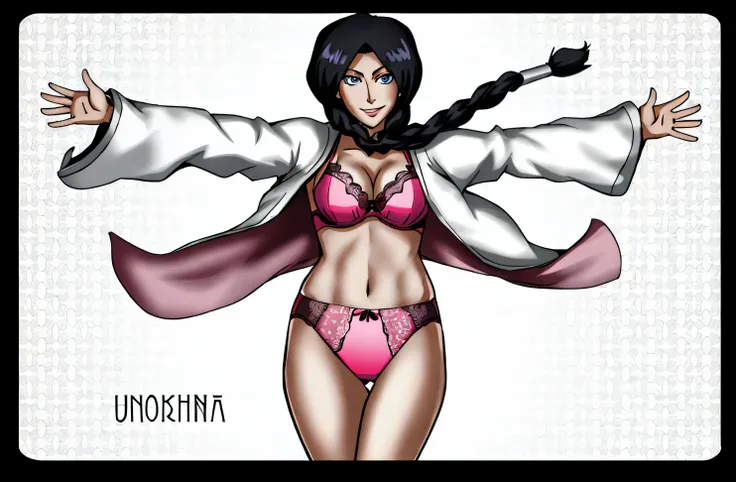 ((masterpiece, best quality)), ((39 year old)), (((Curvy))), ((Unohana from Bleach)), ((Japanese woman with long black braided hair)), ((pink cotton high cut panties)), pink bra, white kimono, Blue eyes, smiling, (((Western cartoon style)))