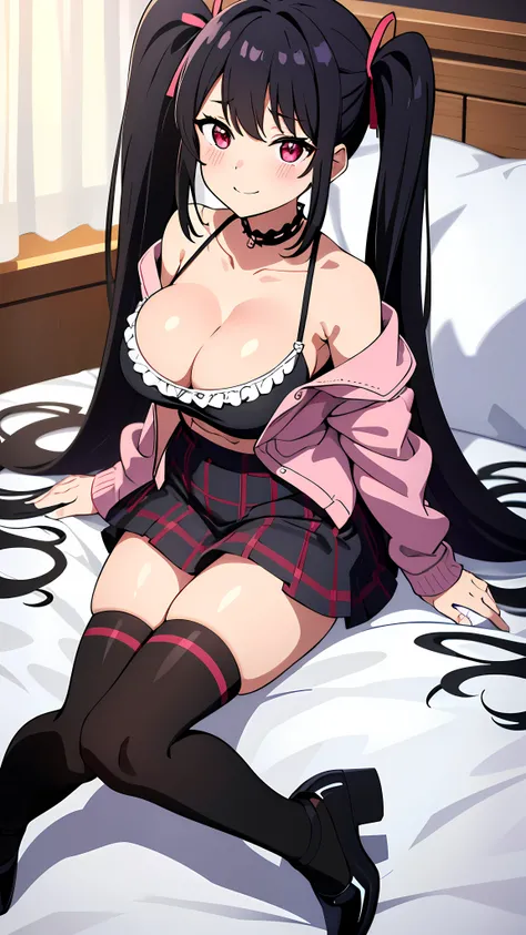 In 8K、highest quality、Bedroom、with a girl、black haired、twin tails、big pink ribbon、delicate face、smile、red eyes、blushing face、Black open jacket、white shirt open in front、plaid mini skirt、beautiful feet、striped lace tights、black platform pumps、seductive thig...