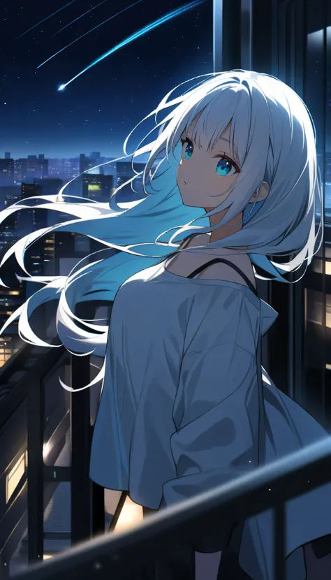 1girl、young girl、white hair、long hair、bangs、bright aqua eyes、floating white T shirt oversized、bust-up、depth of field、in rooftop building with night city view、dark theme、starry sky、shooting star、wind