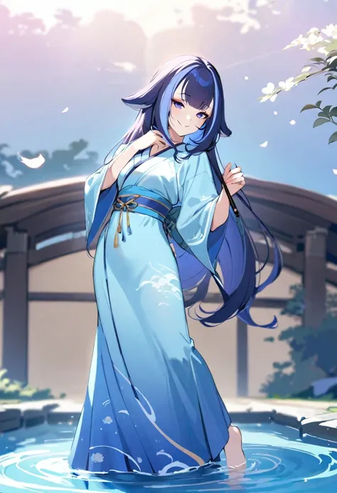 (((shylily))),((4k,masterpiece,best quality)), shuimobysim, traditional chinese ink painting, lotus,  hanfu, maxiskit, dress conservatively
1girl, solo, long blue hair, smile, standing, feet in the water, barefoot,