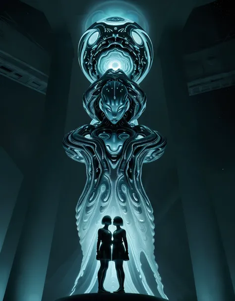 in style of Eileen Agar,，&quot;Giant Silent Sculpture of Alien Creature&quot;，Two tiny humans stand on the shoulders and look up，BDO Arts，BDO works by American digital artist Stuart Lippincott，Use advanced tones and shading，Creates a dazzling and mysteriou...