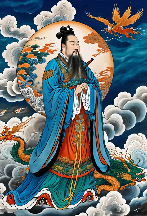 yongle_style ,yongle style,1man,a deity steps on clouds and flies,