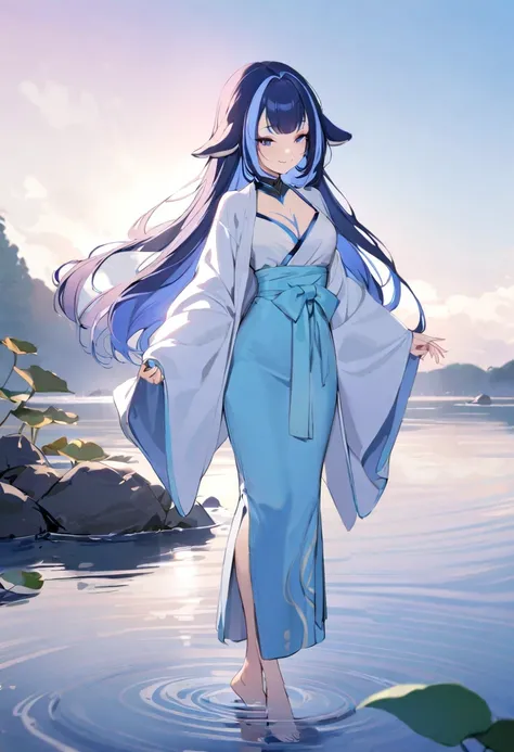 (((shylily))),((4k,masterpiece,best quality)), shuimobysim, traditional chinese ink painting, lotus,  hanfu, maxiskit, dress conservatively
1girl, solo, long blue hair, smile, standing, feet in the water, barefoot,