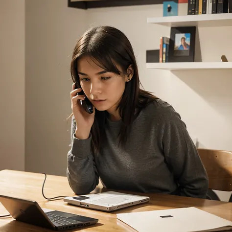 A girl aggressively searching through her laptop while on a phone call.