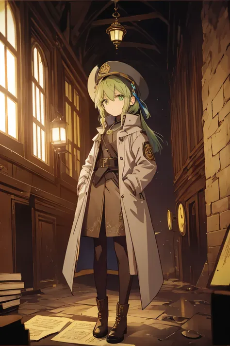 clock，clock，pocket watch，light green hair，green eyes，15 year old girl，emaciated，wearing a brown raincoat，（holding a book in his ...