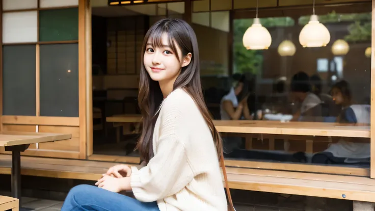 super high quality、natural brightness、日本の若いbeautiful girl、beautiful girl、Strong sadness、sit in a cafe、straight long hair、neat and clean clothes、beautiful skin quality,　Japanese idol