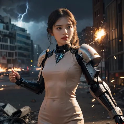 (Articulated jellyfish robots are invaders destroying cities:1.7、A young, beautiful woman with the power of lightning.:1.7)、SF、destroyed metropolis、challenge the invaders、urban decline、burning flame、collapsing high-rise building、rising smoke、fierce battle、...