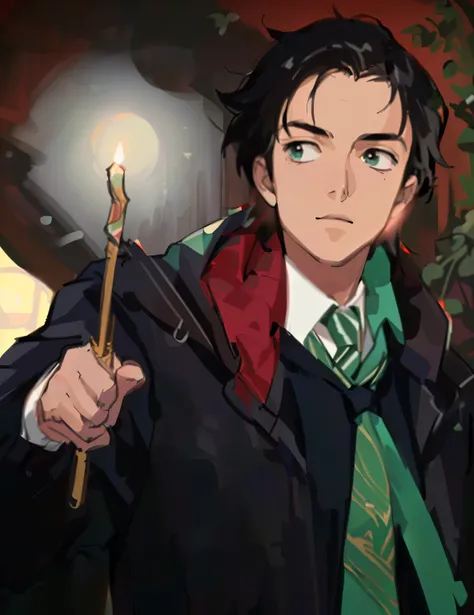 Change the image to a 2D anime boy with long black hair and red at the ends. Wearing the Slytherin outfit in Harry Potter The left hand holds a wand. 