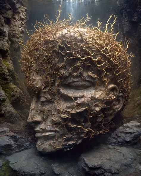 Big Dumb Object，Portrait of a huge head sculpture falling in water，Great Wilderness，Dense fog，old，Dead branches，Art style of Philip Hodas，Matte of the human soul, realism ，BDO works by American digital artist Stuart Lippincott，Use advanced tones and shadin...