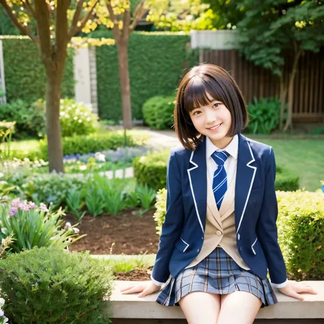 high school girl、tall、short hair、blazer、tie、skirt、garden、sit、thighs、smile